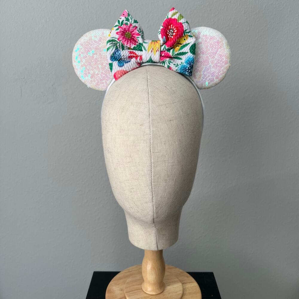 Iridescent White Sequin Flower & Garden Minnie Ears | Disney-Inspired Mouse Ears - Picture 2 of 5